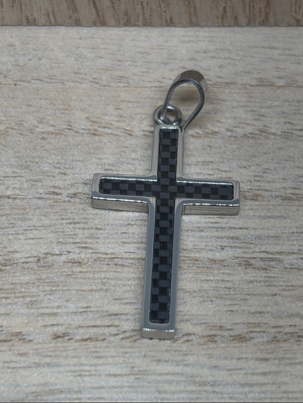 Stainless Steel Cross Pendant with Black Check Inlay
